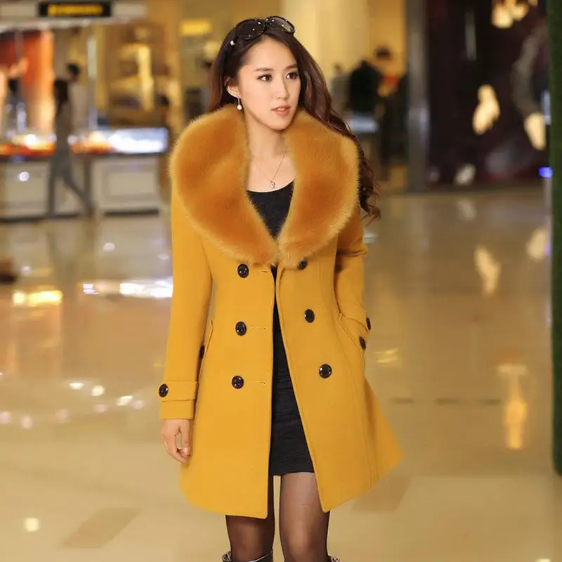 Женское пальто с меховым воротником, пальто с меховым воротником, Женское шерстяное пальто, тонкая женская куртка, двубортное кашемировое пальто и куртки, большие размеры - Цвет: Цвет: желтый