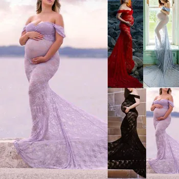 

New Maternity Lace Dresses Womens Pregnants Sexy Photography Props Off Shoulders Nursing Long Dress Robe Grossesse Summer Dress