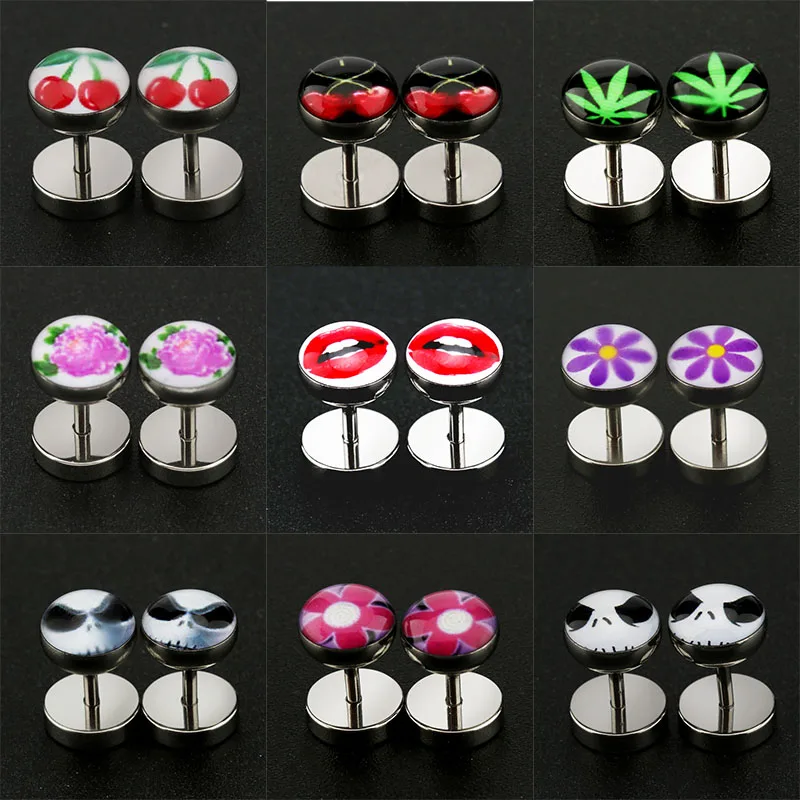 1Pair Lovely Ear Studs Earrings Barbell Fake Ear Plugs Oil Drip Logos Flower Skull Cannabis Leaf Surgical Steel Fashion Jewelry 1