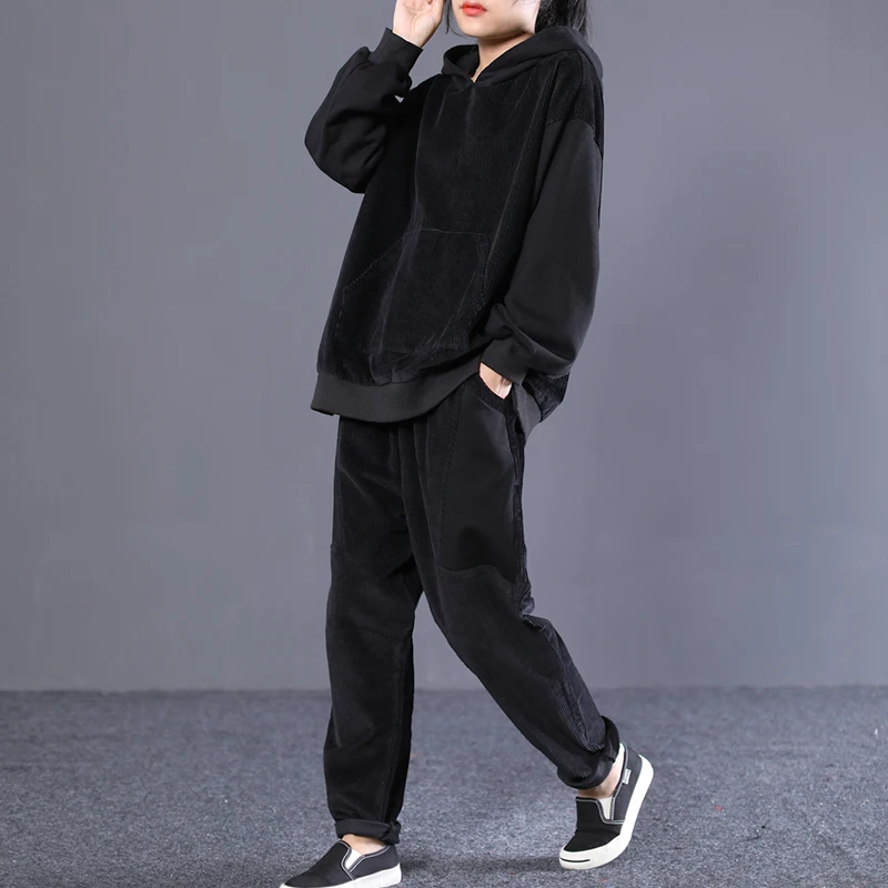 

[EWQ] 2019 Autumn New Pattern Office Lady Style Loose Corduroy Stitching Hooded Collar Long Length Solid Color Suit AF660