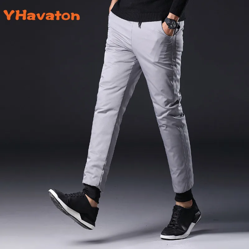 YHavaton Winter Mens 90% White Duck Down Pants Quality Elastic Waist Slim Snow Pants Warm Down Padded Trousers Male Outerwear