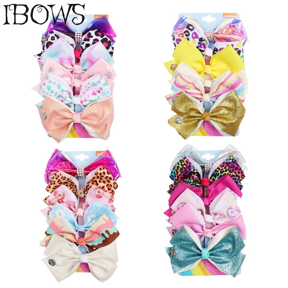 

6 Pcs/Set JO JO Bow Set for Girls 5''Handmade Leopard Print Hair Clips Glitter Ribbon Jelly Hair Bow Set Kids Hair Accessories