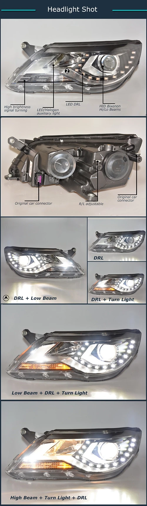 1 комплект HID биксенон Hi/Lo лучи фары в сборе с светодиодные дневные ходовые огни для VW Volkswagen Tiguan 2009-2013, Plug& Play