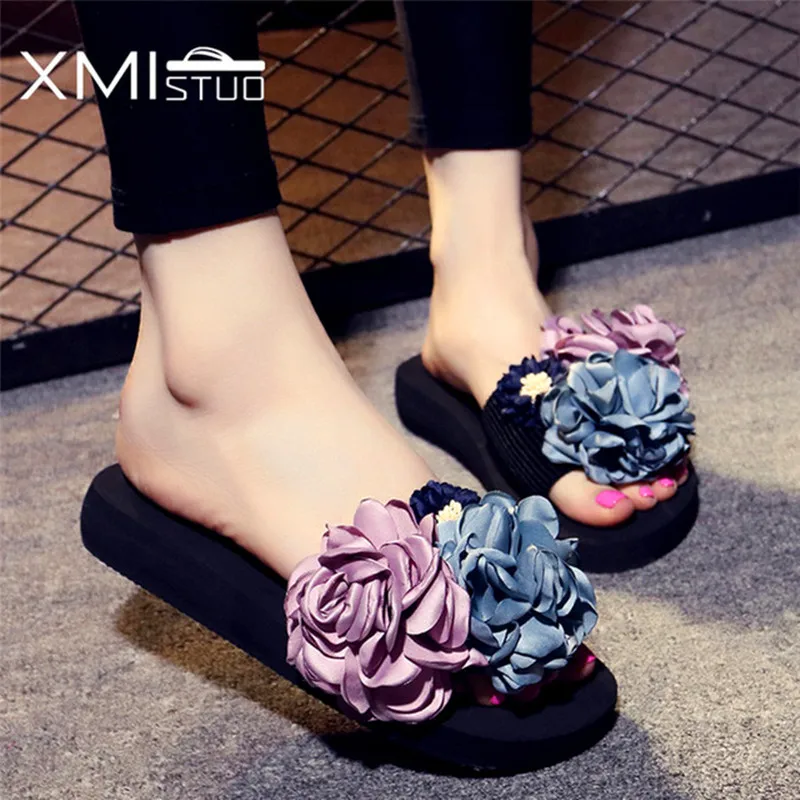 

XMISTUO Handmade Beautiful Flowers Trend girl Handmade Low Heel Elastic Belt Word Cool Female Leisure Vacation Beach Slippers