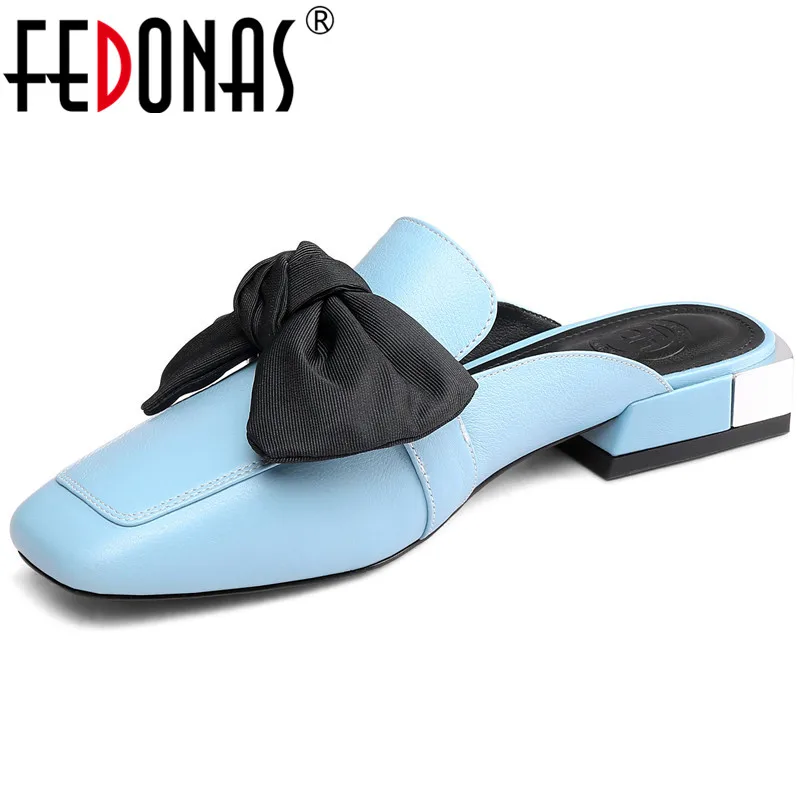 

FEDONAS Women Pumps Square Toe Butterfly-Knot High Heels Mules Genuine Leather Women Prom Party Wedding Casual Shoes Woman