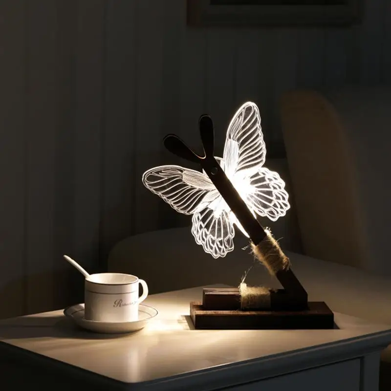 

Creative 3D Acrylic Butterfly Night Light Lovely Butterfly Wooden Base Decor Bedside Reading Table Lamp With USB+Plug Connector
