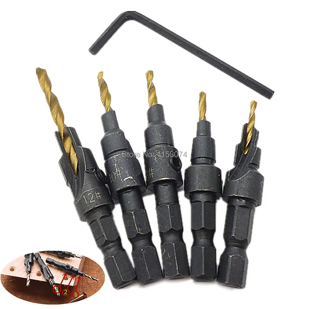 Buy 5pc Counter Power Drill Pilot Hole Countersink Drill Bit Sets W/ Wrench 5