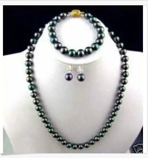 

sets 10-11mm freshwater black green pearl necklace 18inch bracelet earring