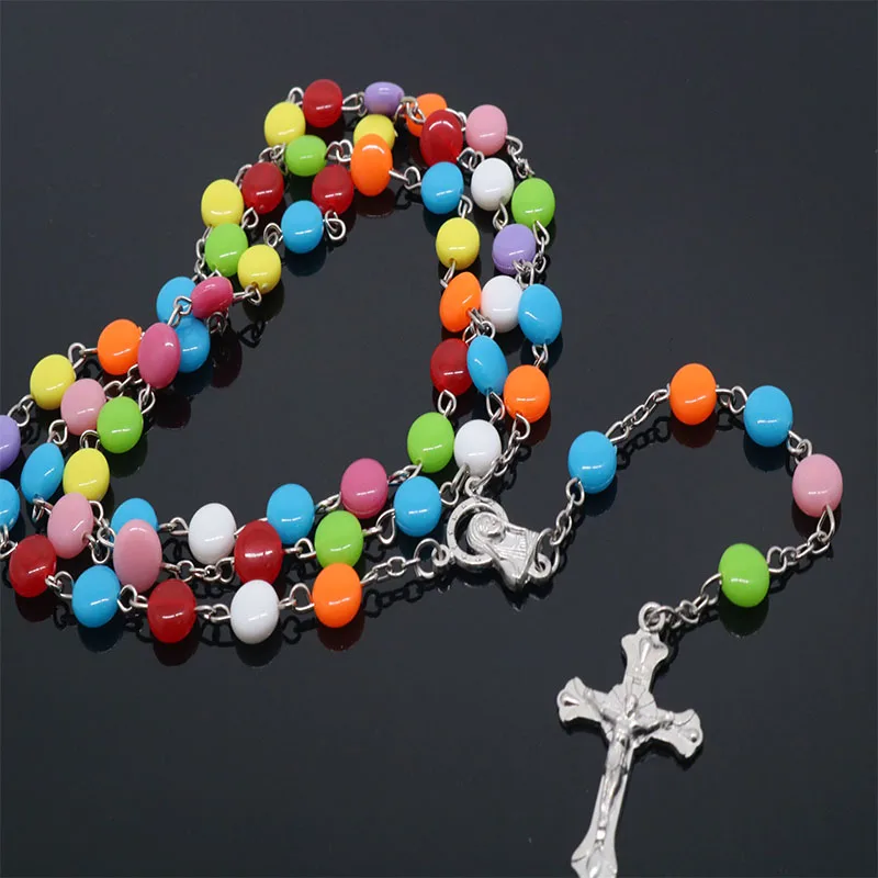 

New fashion handmade colored glass beads rosary Catholic quality cross beads necklace cross beads religious pendant necklace