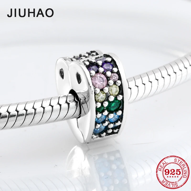 

Real 925 Sterling Silver pink blue green colorful zircon clips Lock beads Fit Original Pandora Charm Bracelet Jewelry making