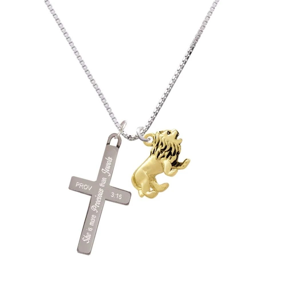 Gold Tone 3-D Lion - She is More Precious - Cross Necklace