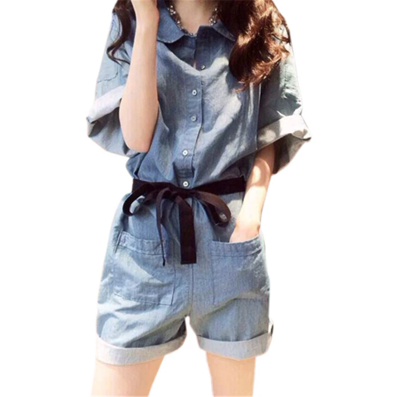 

Fashion Jeans Rompers Women's Jumpsuit Elegant Lace Up Slim Casual Summer Shirts Denim Overalls For Women Combinaison Femme