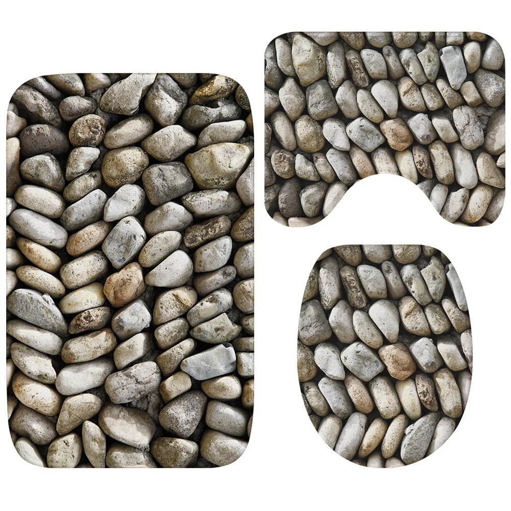 Bath Mat 3 Sets of Stone Pattern Decorative Toilet Cover Anti-slip Absorbent Bathroom Door Mat U-shaped Floor Mat