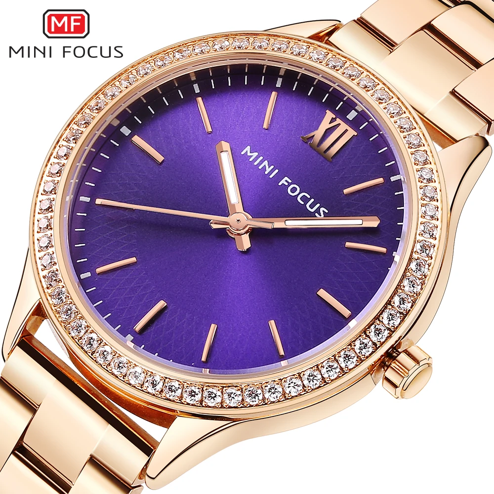 

MINIFOCUS Women Purple Elegant Quartz Watch 2018 Ladies Steel Fashion Rhinestone Clock Woman Luminous Diamond Dress Wristwatches