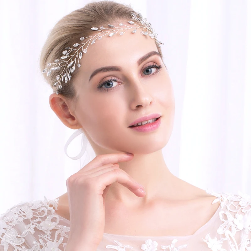 

QYY Bridal Tiaras Vine Wedding Hair Accessories Crown Women Ribbon Crystal Hair Jewelry Rhinestones Headbands Head Chain band