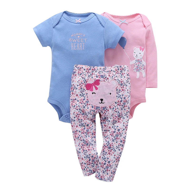 New Brand Candy Color Cute Baby Girls boys 3 Pieces sets Bear Sweet Heart Full Sleeve Ropmer Floral Print Full Length Pants