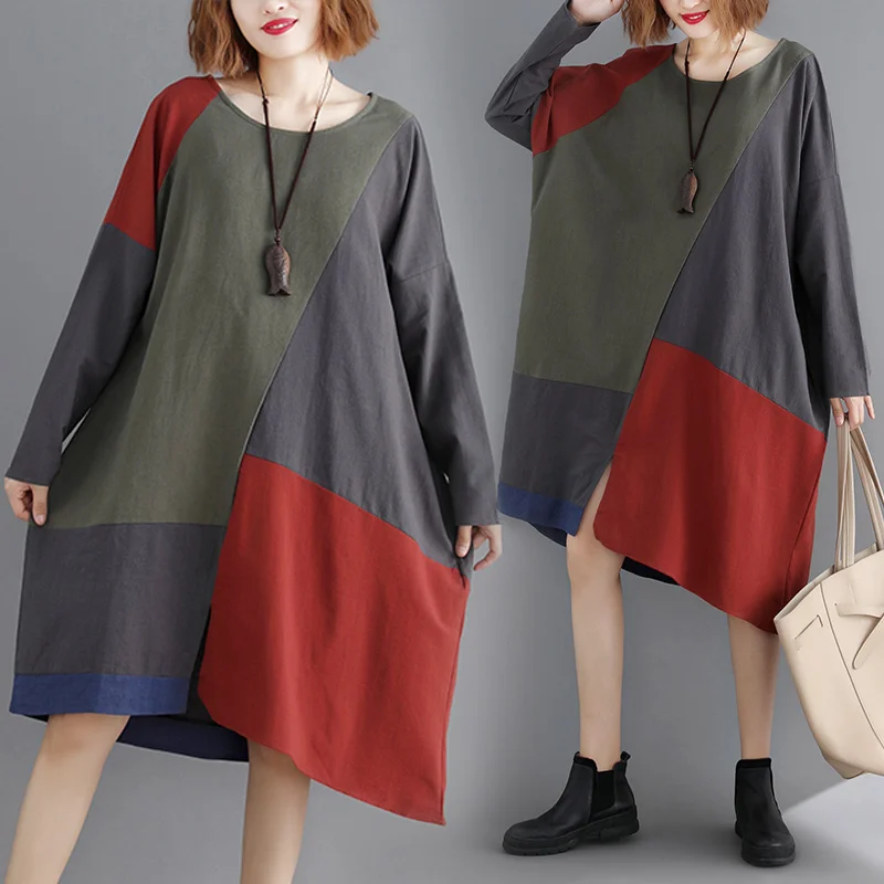 

BIG SIZE 4XL Autumn Winter Women Fashion Vintage Color Block Tops Ladies Female Plus Large Long Cotton Loose Split T shirt Dress