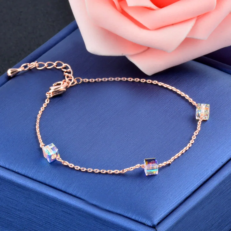 

SINLEERY Elegant Simple Cube Crystal Chain Bracelets Rose Gold Silver Color Girl Gifts Bangle For Women Jewelry SL365 SSC