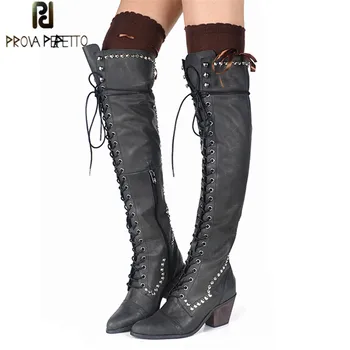 

Prova Perfetto Original Rivet Cross-Tied Over The Knee Boots Women High Heels Boots Warm Plush In Pointed Toe Women Knight Boots