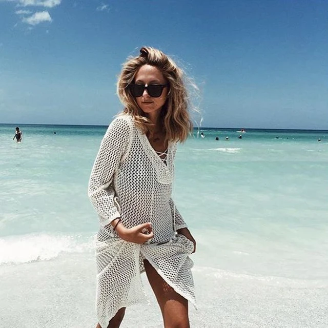 Best Offers Straps Crochet Knitted Pareo Beach 2018 Bathing suit Cover-Ups Hollow Sexy Black White Swimsuit Beach Tunic Plage Beachwear 