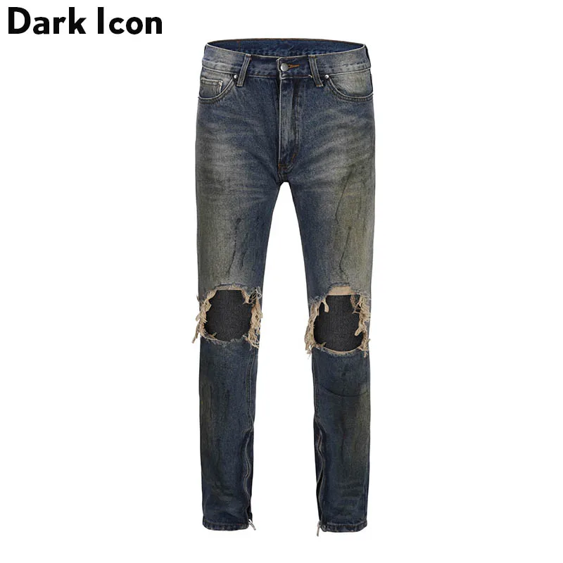 

Dark Icon Stonewashed Ripped Ankle Zipper Dirty Jeans High Street Jeans Men Regular Style Destroyed Men's Pants