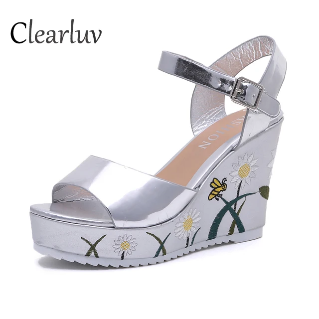 

Summer new slope with flowers word belt sandals waterproof platform super high heel 10CM muffin platform women's shoes C1016