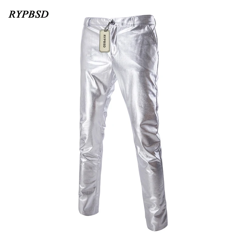 Брюки мужские блестящие Серебристые/черные из ПУ кожи на молнии|silver leather pants|pants