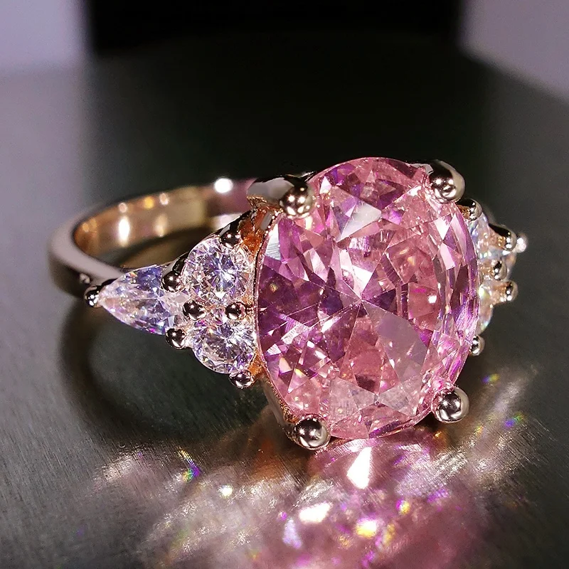 Luxury Princess Rings Oval Pink Stone Rings for Women