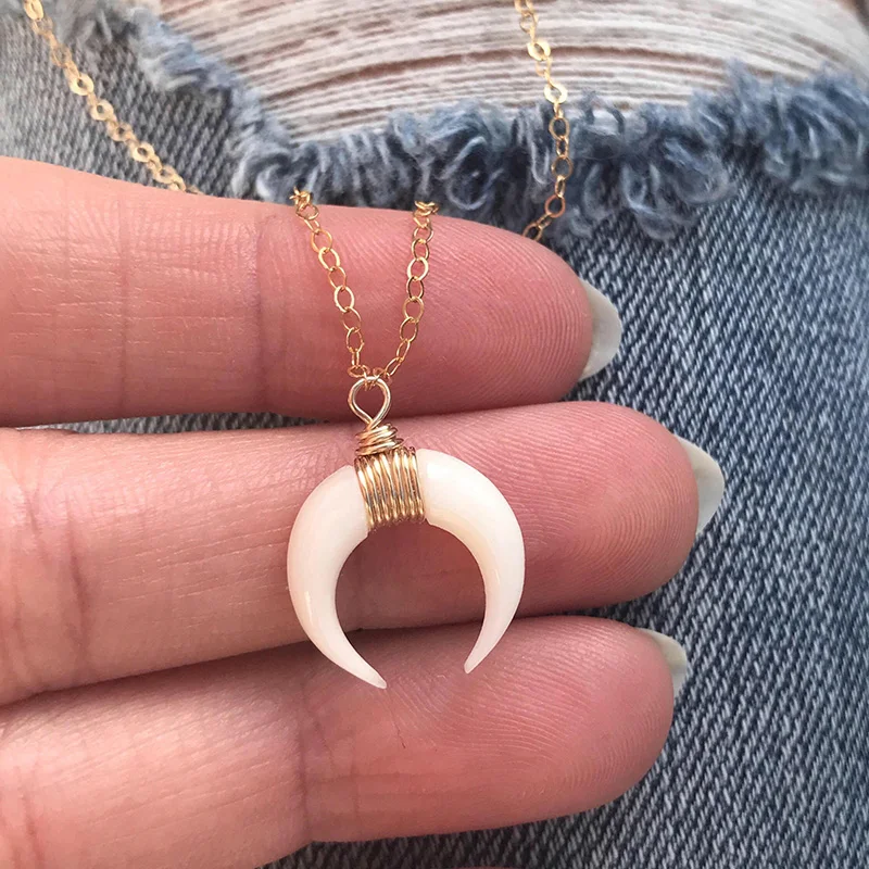 

Tiniest Ever Bone Double Horn Necklace, Tusk Necklace, Bone Crescent Moon Choker Necklace XL716