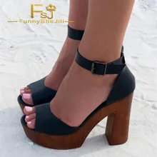 Черные Босоножки с открытым носком на платформе с ремешком на щиколотке в стиле ретро; босоножки с пряжкой на массивном каблуке; женские летние модельные туфли; модель года; FSJ; размеры