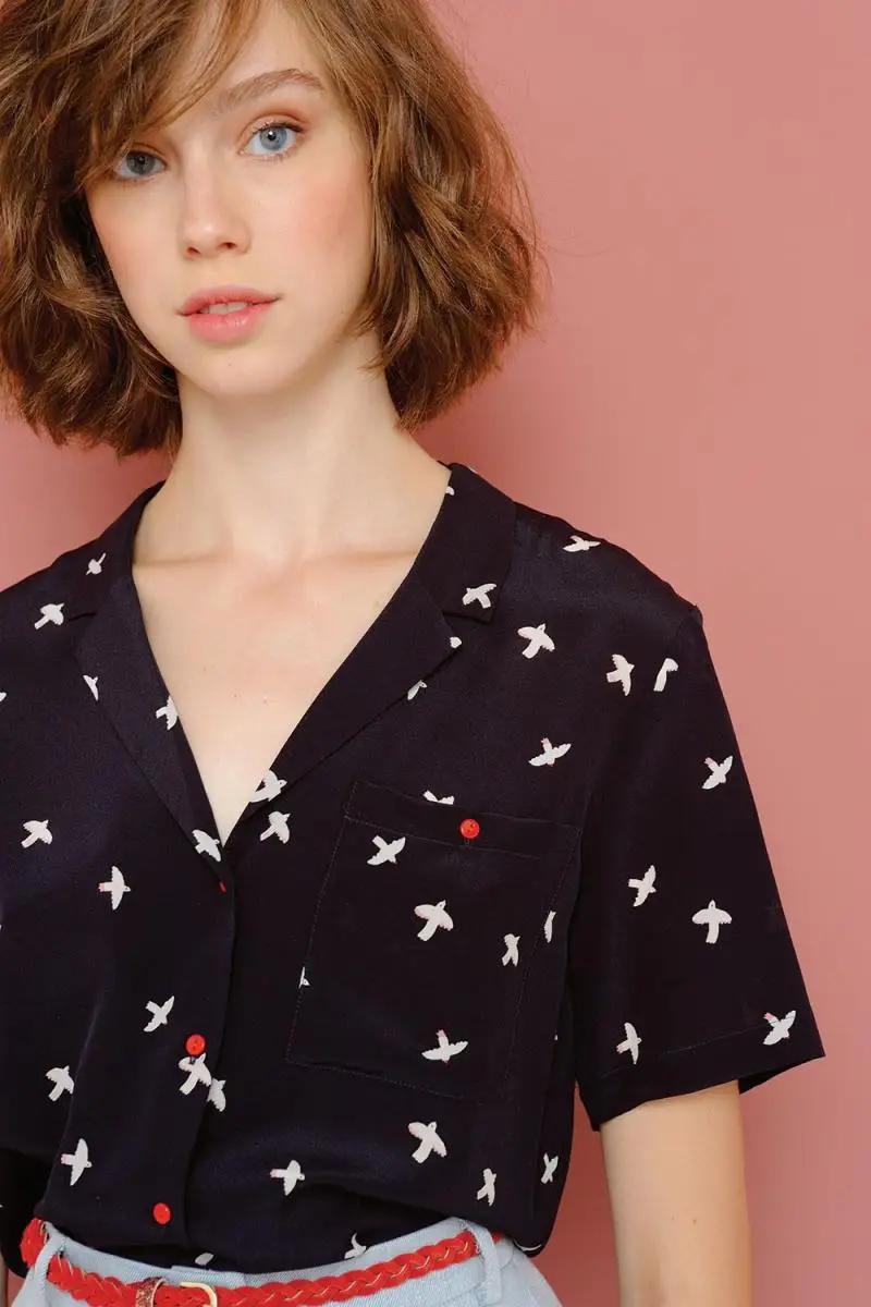 

chemise solange mouettes Blouse Women Short Sleeve Shirts Silk soft and Light comfortable