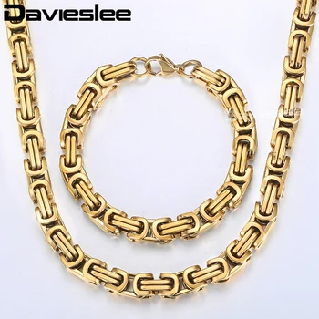

Davieslee Mens Jewelry Set Stainless Steel Bracelet Necklace Set Gold Byzantine Box Chain 2018 Fashion Jewelry 8mm LKS55