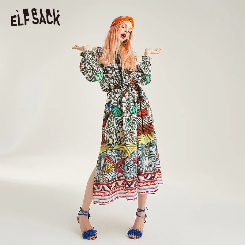 

ELF SACK Vintage Floral Print Women Chiffon Dresses Fashion A-Line Full Sleeve Lace up Female Holiday Dress 2019 Elegant Dress
