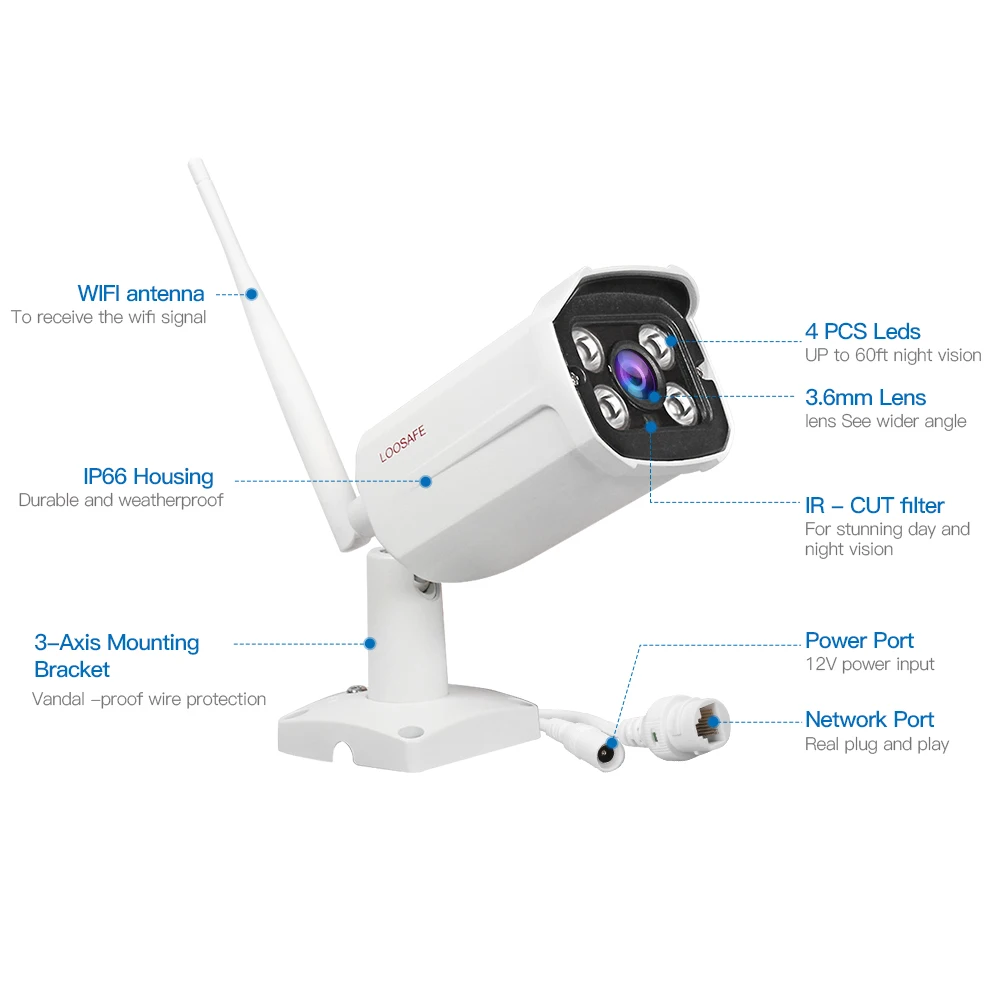 LOOSAFE 2MP Security WIFI IP Camera Outdoor CCTV Full HD 1080P 2.0 Megapixel Bullet Camera IP 1080P Lens IR Cut Filter ONVIF LOOSAFE 2MP Security WIFI IP Camera Outdoor CCTV Full HD 1080P 2.0 Megapixel Bullet Camera IP 1080P Lens IR Cut Filter ONVIF