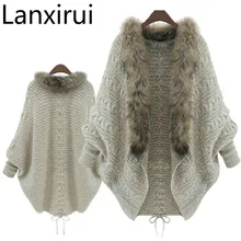 Lanxirui New Stylish Women Loose Fur Collar Sweater Batwing Sleeve Knit Fur Wholesale Dropshipping July0726 stylish open front batwing sleeve fringed women s kimono