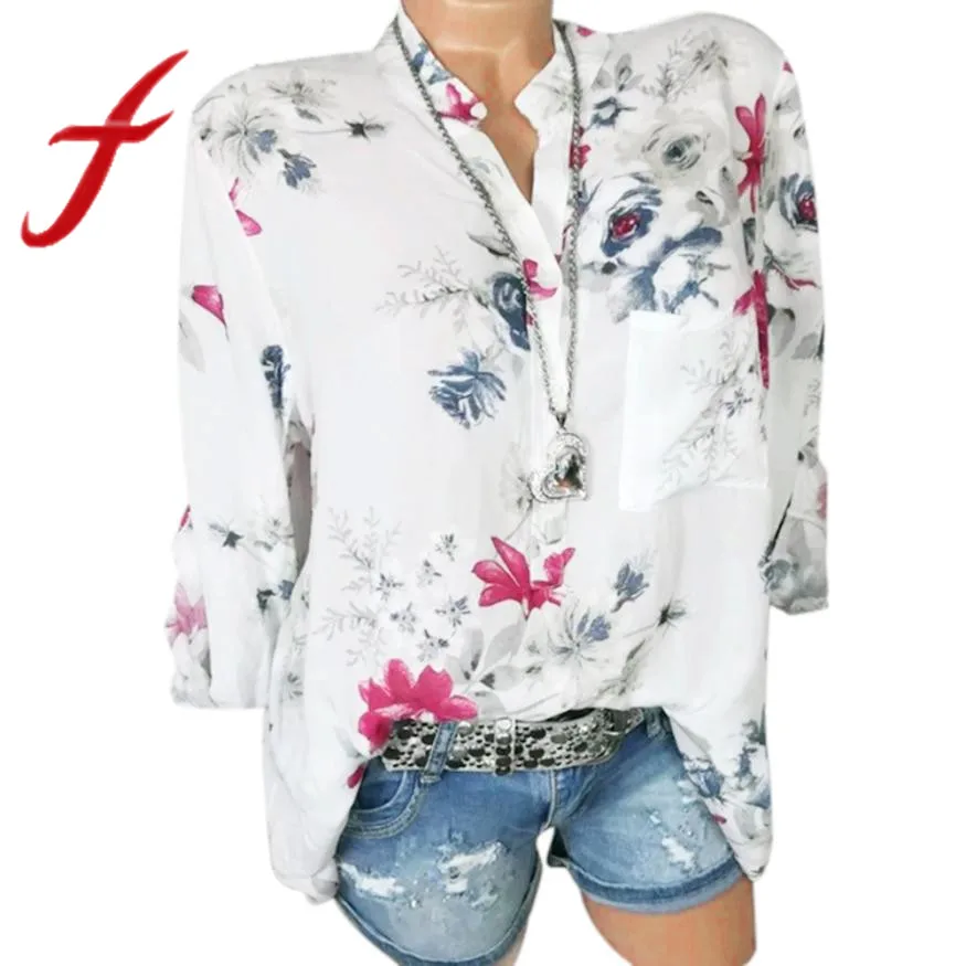 Feitong Plus Size Women Chiffon Blouses Causal Floral