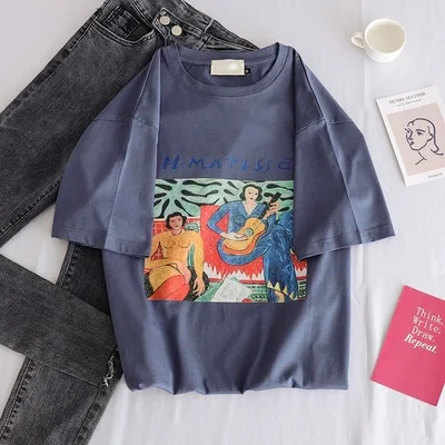 Корейская женская футболка с мультяшным принтом, harajuku, мультяшная кавайная модная футболка для девушек, лето, Женские базовые топы, футболки - Цвет: Xian 613 lan