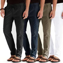 Men's Casual Linen Breathable Loose Long Pants Solid Color Straight Trousers High Quality Casual Travel