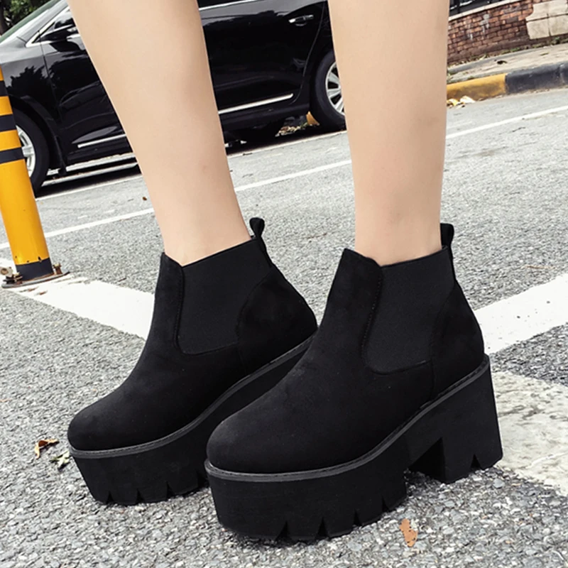 

Rimocy Autumn Winter New Flock Leather Ankle Boots Women Keep Warm High Heels Platform Booties Woman Round Toe Shoes Mujer 2019