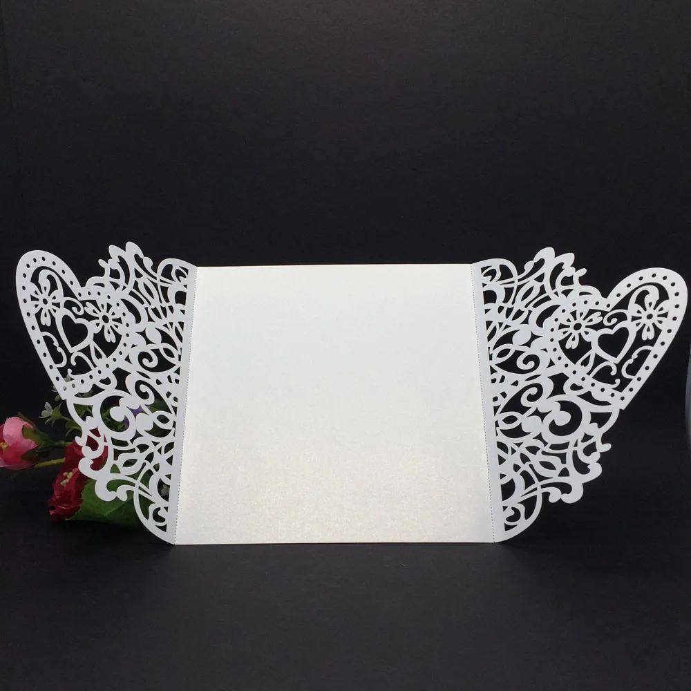  20pcs Delicate Iridescent Pearl Paper Wedding Invitation Card Hollow Out Heart Pattern Carved Craft - 32761058953