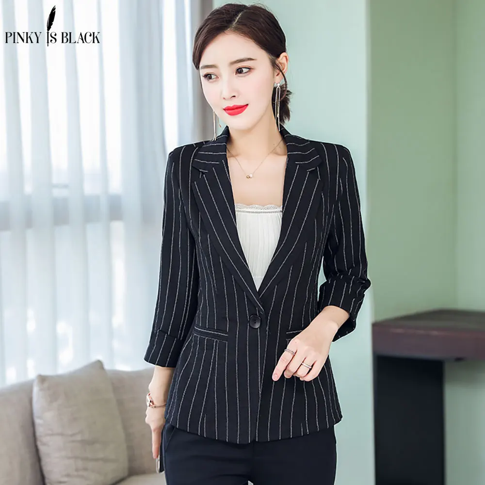 PinkyIsBlack Casual Blazers Spring Striped Slim Fit Women Formal Jackets Office Work Single Button Notched Ladies Blazer Coat