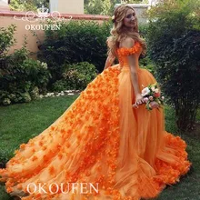 Оранжевые тюлевые пышные платья принцессы с цветами,, с открытыми плечами, с длинным шлейфом, Пышное Платье для церемоний, бальное платье