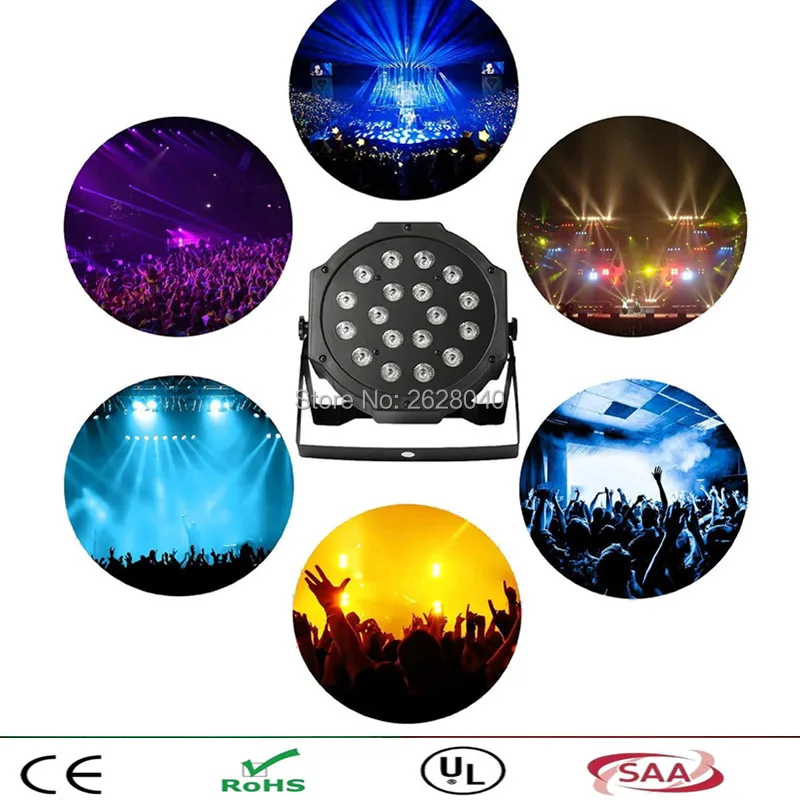 

(1pcs/lot) led rgb par light 18x3w 7 channels DMX 512 Control 0-100% dimming for dj light & club night light effect lighting