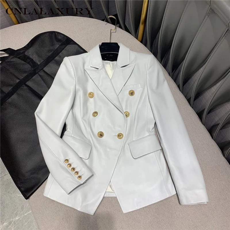 

High Quality White PU Leather Jacket Blazer Women Solid Double Breasted Slim Office Lady Faux Leather Blazers Mujer Coat Female