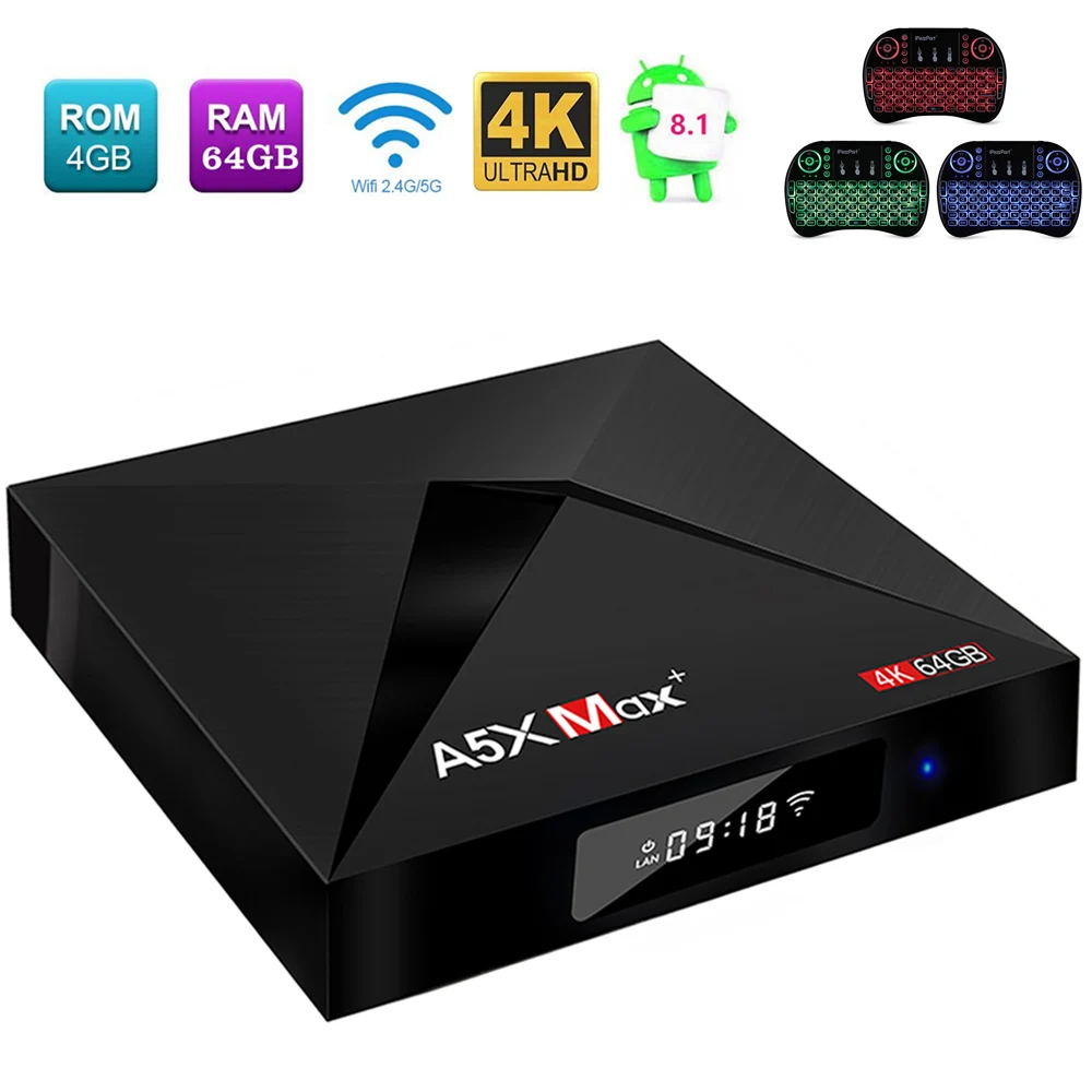 

A5X MAX+ TV Box Rockchip 3328 Android 8.1 4GB RAM + 64GB ROM 2.4G + 5G WiFi 100Mbps BT4.1 Support 4K H.265 Android TV Box