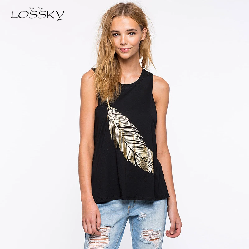 

LOSSKY Summer Sexy Tops Women Gold Feather Printed Slim Tank Tops Fashion Black Round Neck Sleeveless Vest Feminino Streetwear