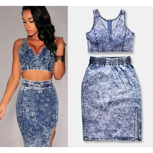 Women Two Piece Denim Dress 2016 Summer Y Sleeveless V Neck Jeans Women Two Piece Denim Dress 2016 Summer Y Sleeveless V Neck Jeans Fashion Cotton