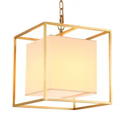 Европейский Американский Золотой квадратный куб медный латунный светодиодный подвесной светильник светлая ткань квадратная рама
