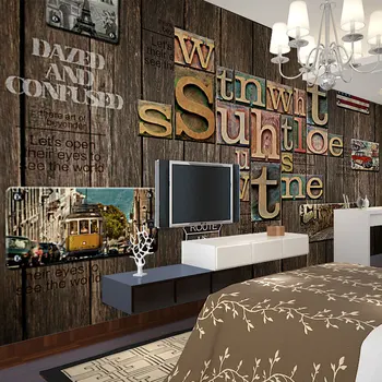 

Home Bar Decor Wall Papers 3D Vintage Wood Letter Photo Wallpaper Mural Living Room Bedroom Self Adhesive Vinyl / Silk Wallpaper