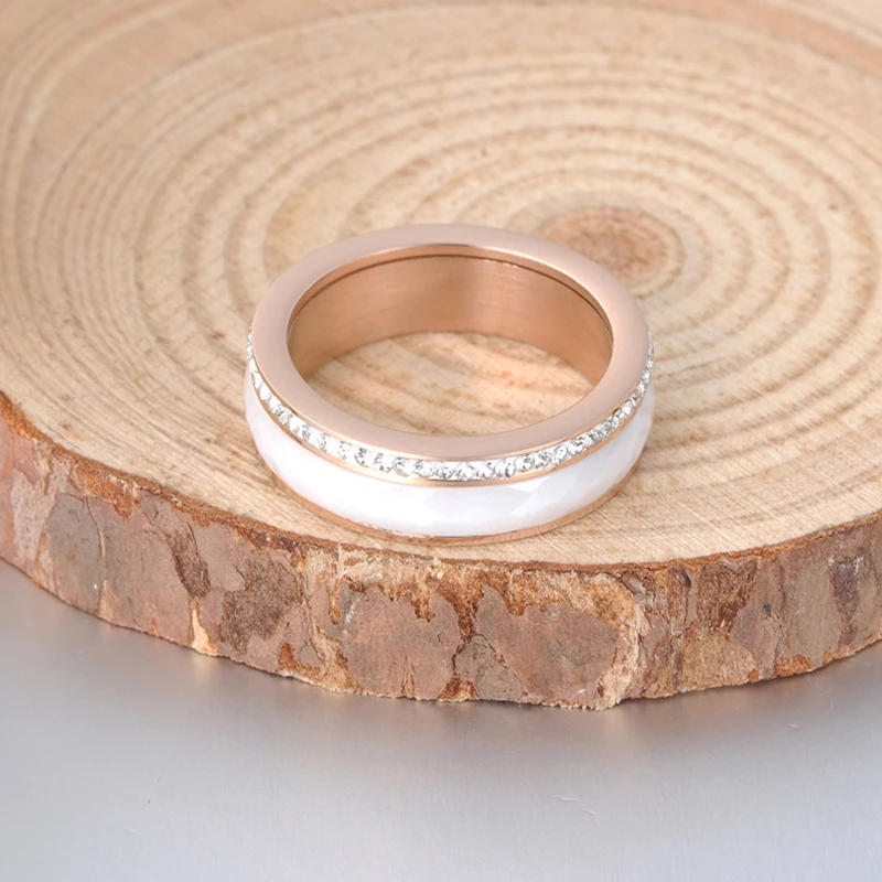 6 мм красная керамика кольца Классическая Титановая Сталь Ювелирные Изделия Розовое золото Цвет кубический цирконий Свадебные обручальные кольца для женщин